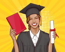 Happy young girl graduate student in mantle and graduation cap holding university diploma in her hand. Concept of celebrating the graduation ceremony. Vector pop art illustration on yellow background.